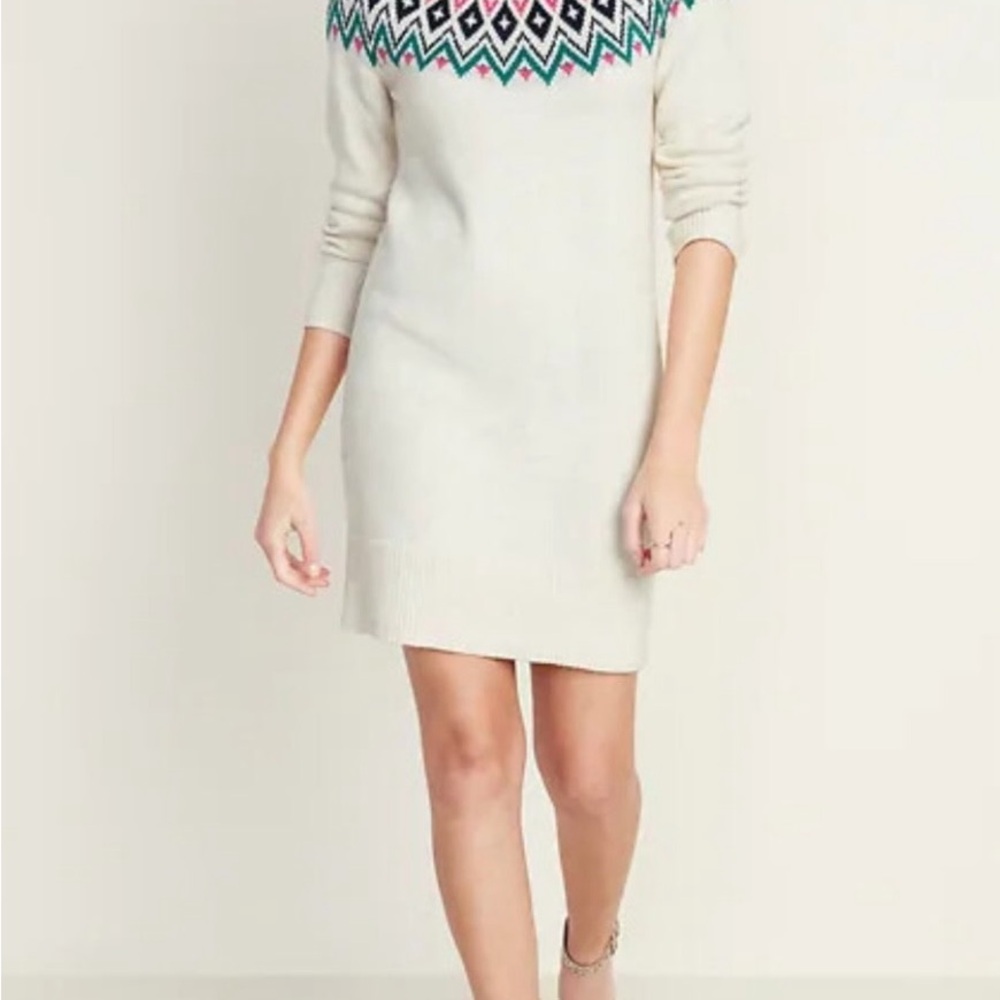 Women's Cream Knit Dress with Patterned Yoke.